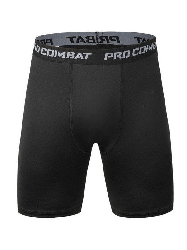 Black quick-drying compression shorts, mid-waist fit, lightweight polyester, calf-length for men. Perfect for sport and casual wear.
