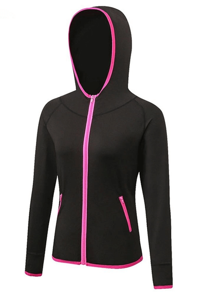 Women's thermal zip-up jacket with pink accents for outdoor sports and layering.