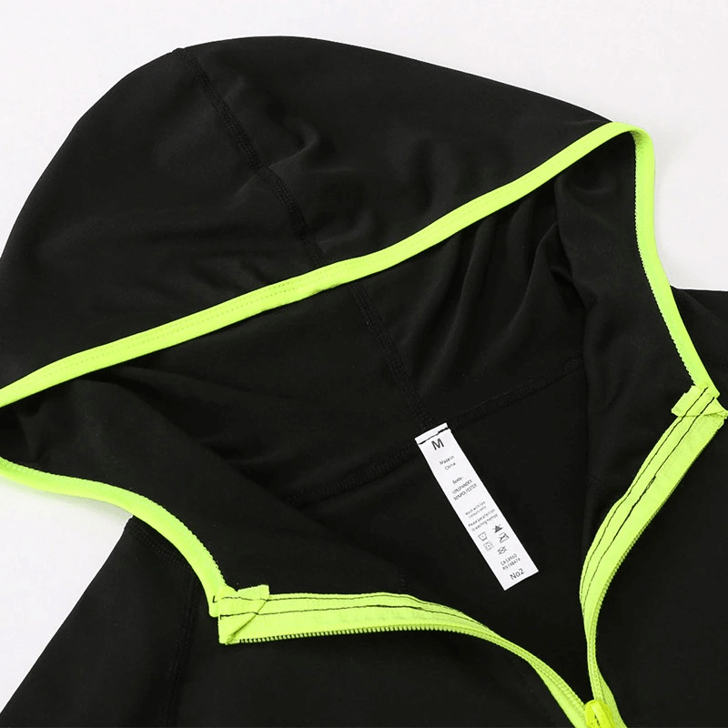 Black women's thermal zip-up jacket with neon trim, ideal for outdoor sports like cycling, skiing, and hiking. Model SF0397.