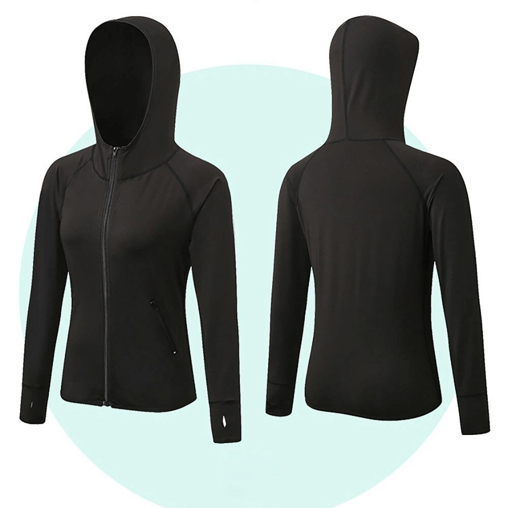 Black women's thermal long sleeve zip-up jacket with hood for outdoor sports like cycling, hiking, running, and skiing.