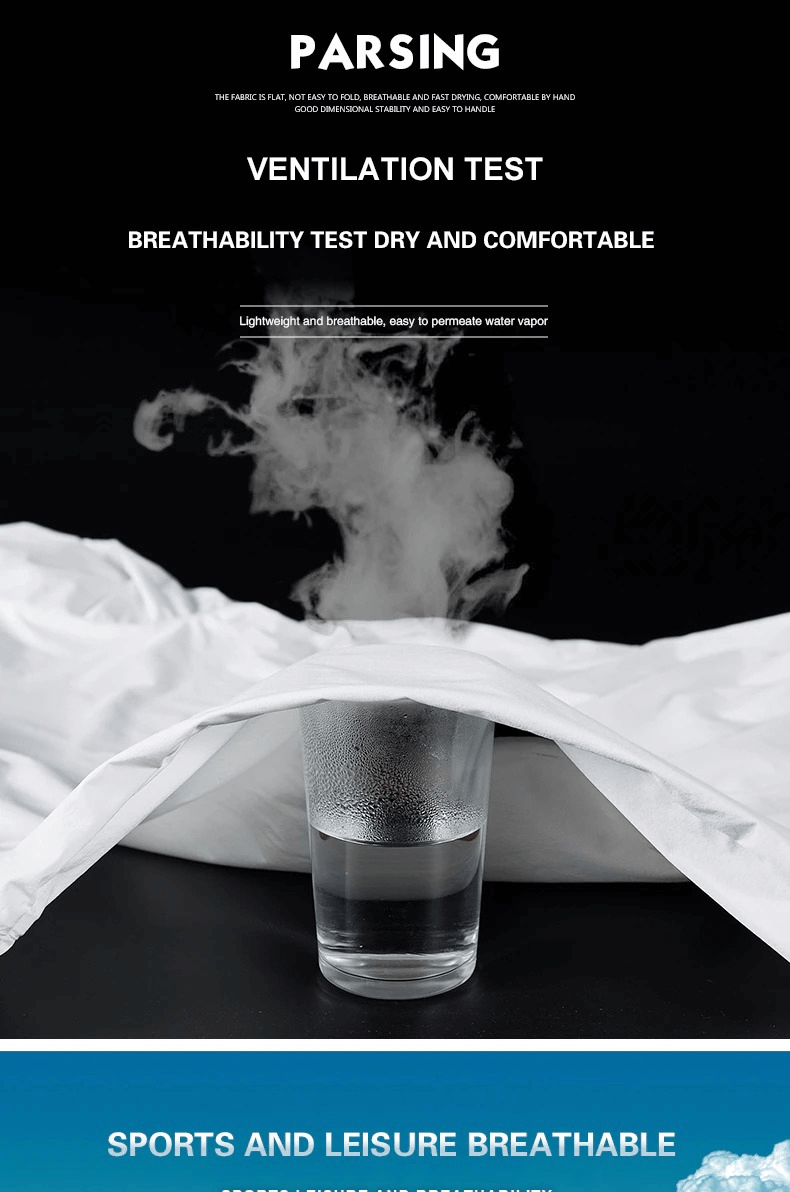 Ventilation test demonstrating breathability with steam rising from under a fabric, showcasing quick-dry and breathable features.