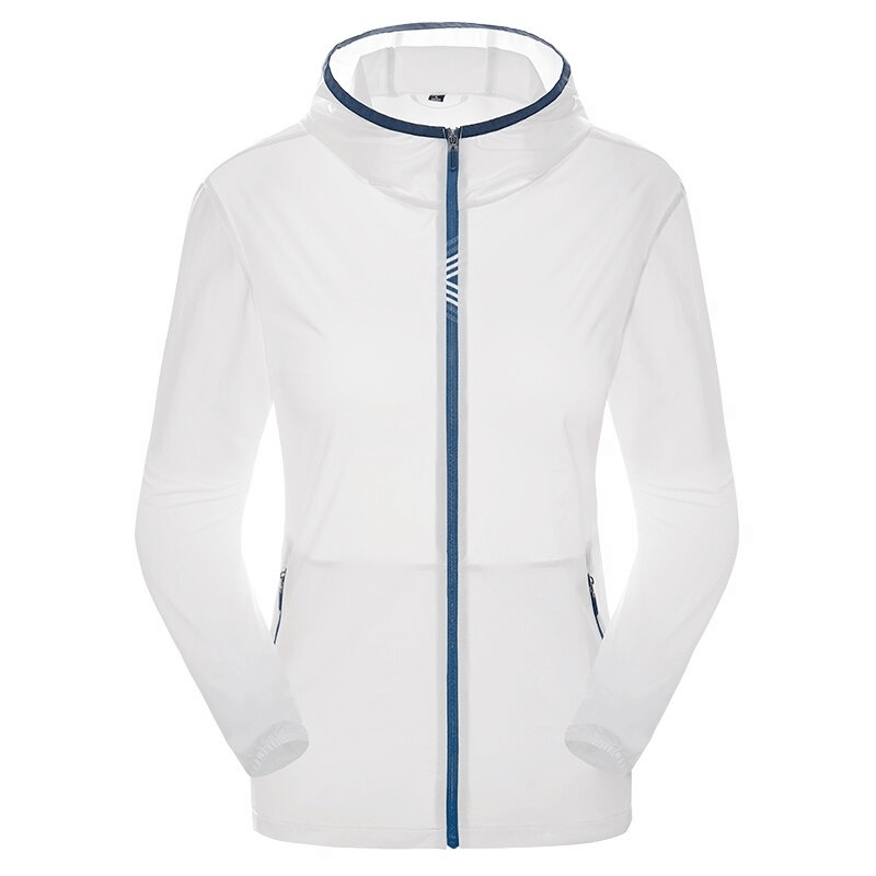 Women's reflective quick dry running jacket in solid white with hood. Ideal for outdoor adventures, waterproof and breathable.