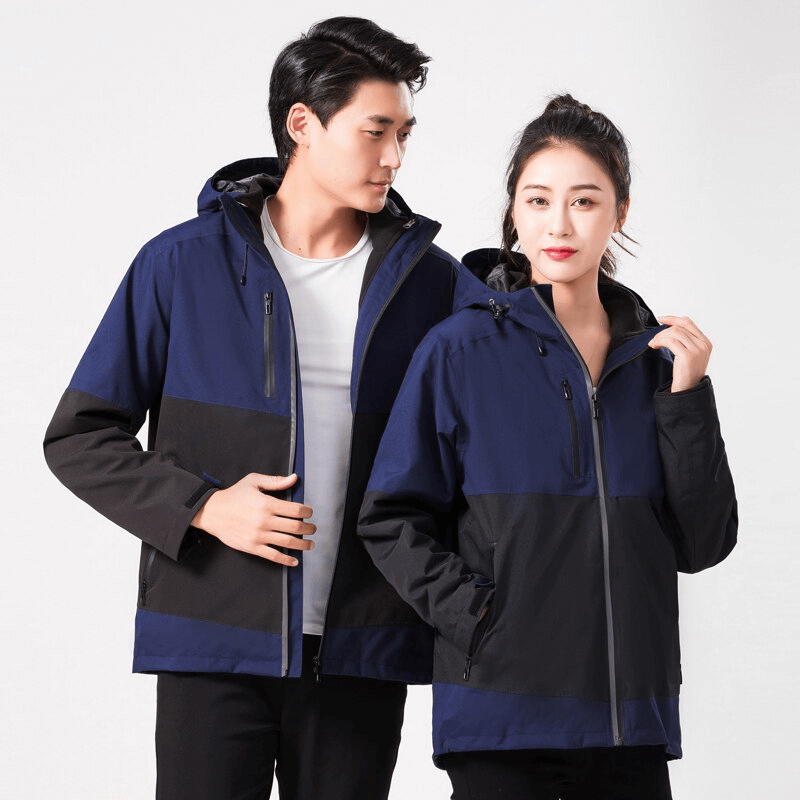 Unisex Reflective Two-Piece Warm Softshell Skiing Jacket in navy and black designed for outdoor activities with thermal protection.