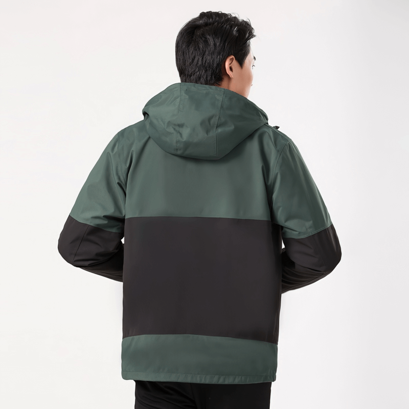 Back view of a unisex Reflective Two-Piece Warm Softshell Skiing Jacket in green and black, designed for outdoor adventures.