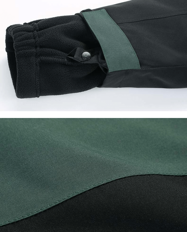 Close-up of Reflective Two-Piece Warm Softshell Skiing Jacket SF0929, featuring a durable sleeve design in black and green.