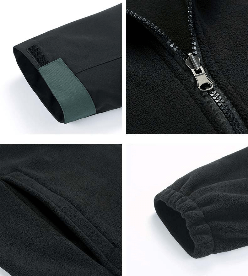 Close-up of Reflective Two-Piece Warm Softshell Skiing Jacket SF0929 showcasing zipper, pocket, and cuff details in black fabric.