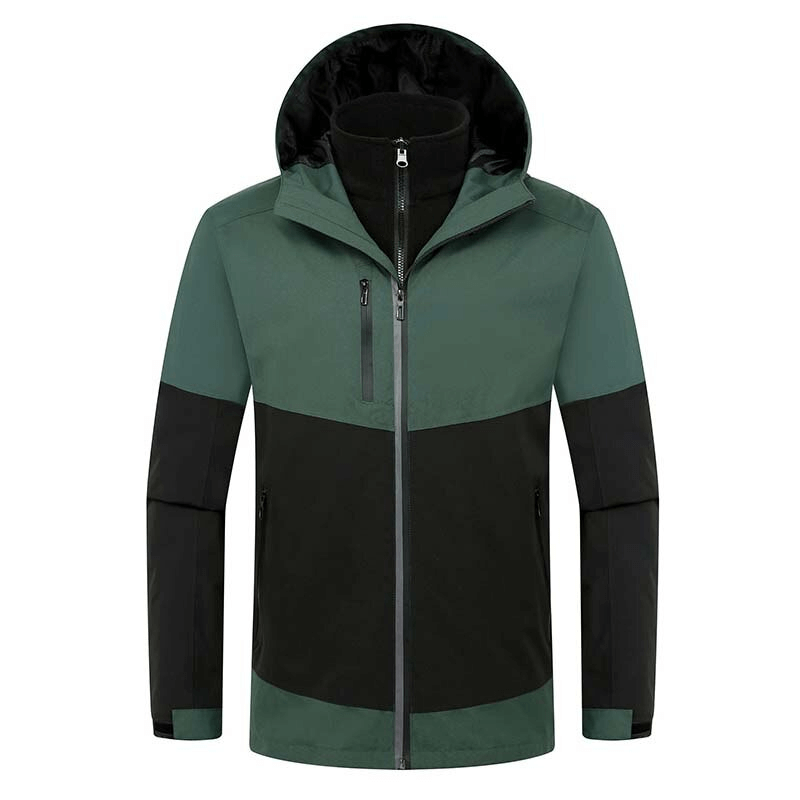 Reflective Two-Piece Softshell Skiing Jacket in black and green, featuring waterproof and windproof materials for outdoor activities.