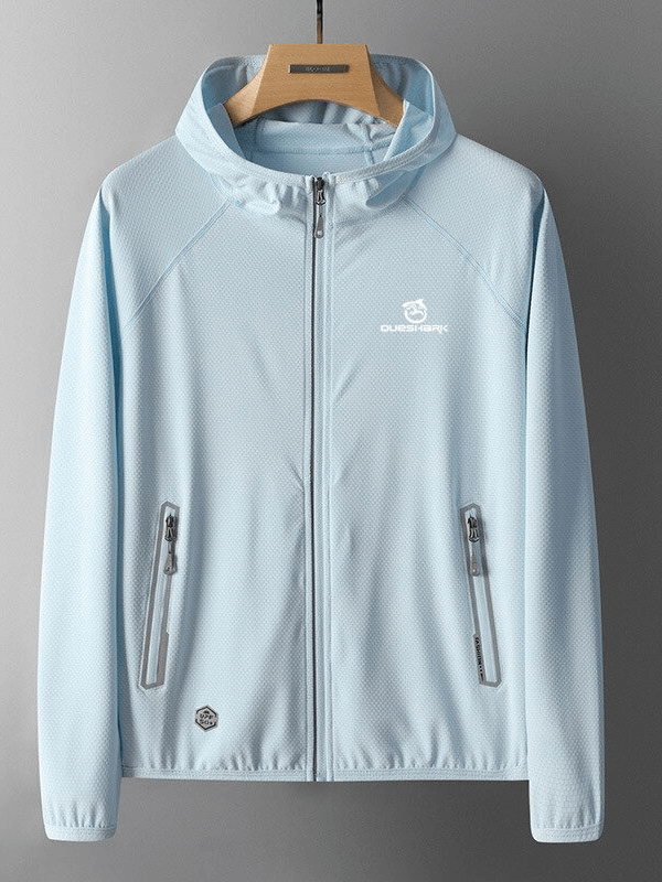 Light blue reflective women's ultrathin cycling jacket with hood, quick-dry, waterproof, UV protection. Style SF0117.