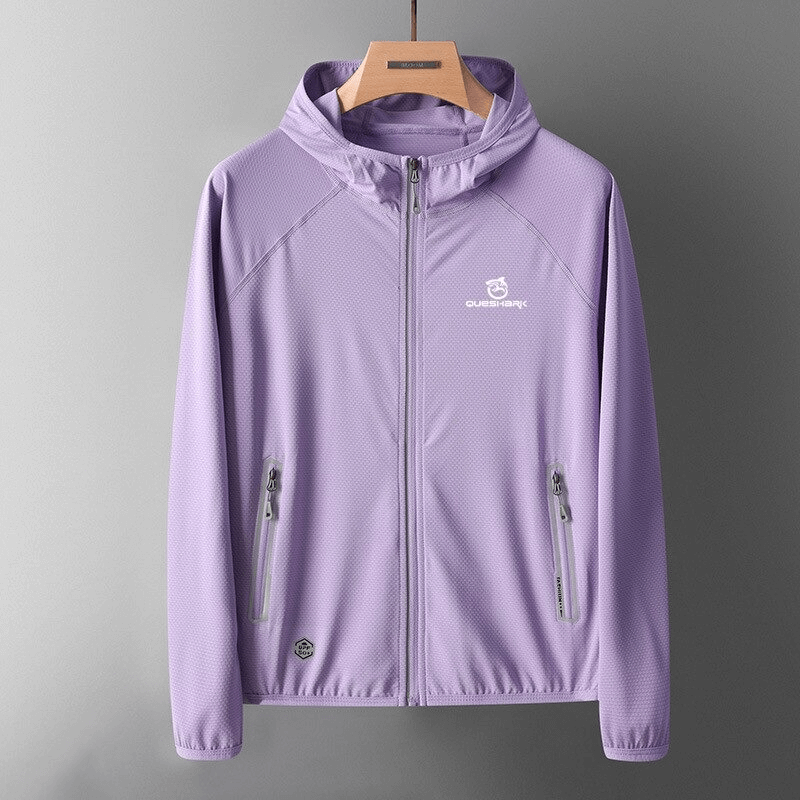 Purple women's quick dry cycling jacket with reflective hood on hanger, lightweight and waterproof.