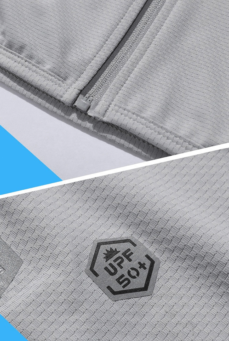 Close-up of fabric texture and UPF 50+ label on a Reflective Women's Quick Dry Ultrathin Cycling Jacket with Hood.