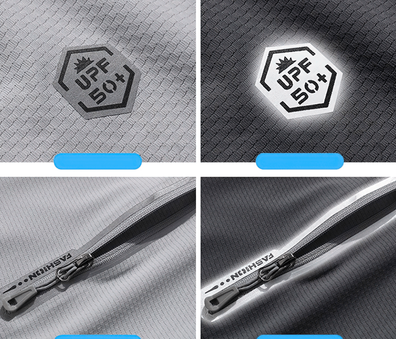 Close-up details of reflective women's cycling jacket with UPF 50+ protection and waterproof zippers.