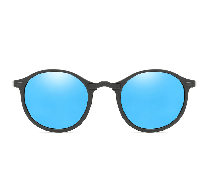 Round rivet frame polarized sunglasses with blue lenses. Ideal for driving, UV protection, and glare reduction.