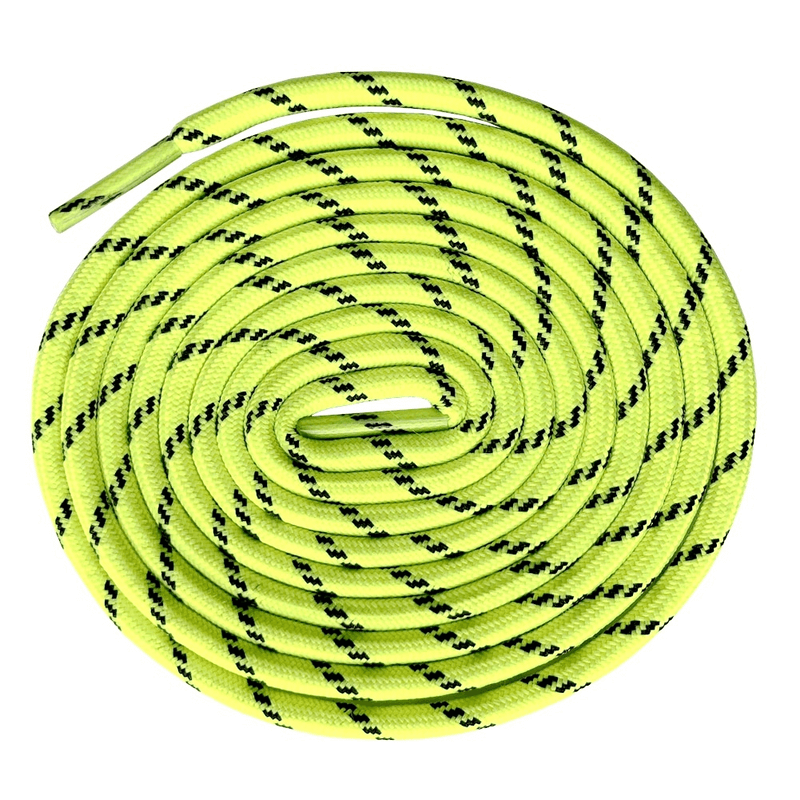 Round strong trekking shoelace with geometric pattern, polyester, 120 cm, lime green and black, perfect for durable outdoor use.