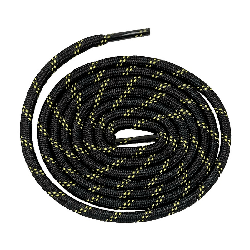 Round strong trekking shoe laces SF1129 in black with yellow geometric pattern, perfect for durable and elastic fit.