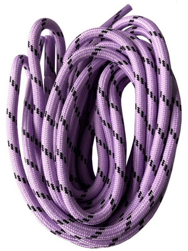 Purple round trekking shoe laces with geometric pattern, made from durable polyester. Available in 120 cm and 140 cm lengths.