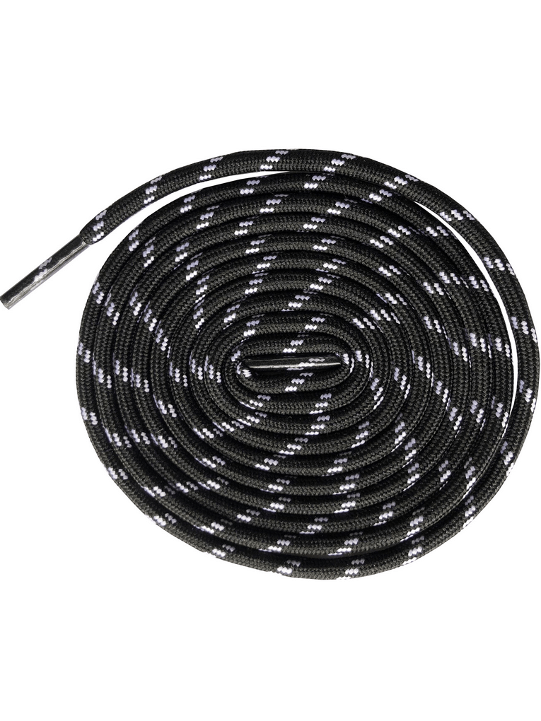 Round strong trekking shoelace in black with geometric pattern, crafted from durable polyester, perfect for hiking boots, 120-140 cm.
