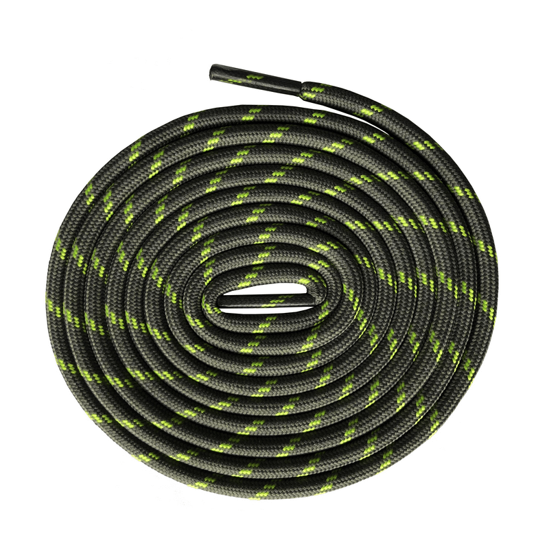 Round strong trekking shoe laces with geometric pattern in black and green, made from durable polyester. Unisex design, 120 cm length.