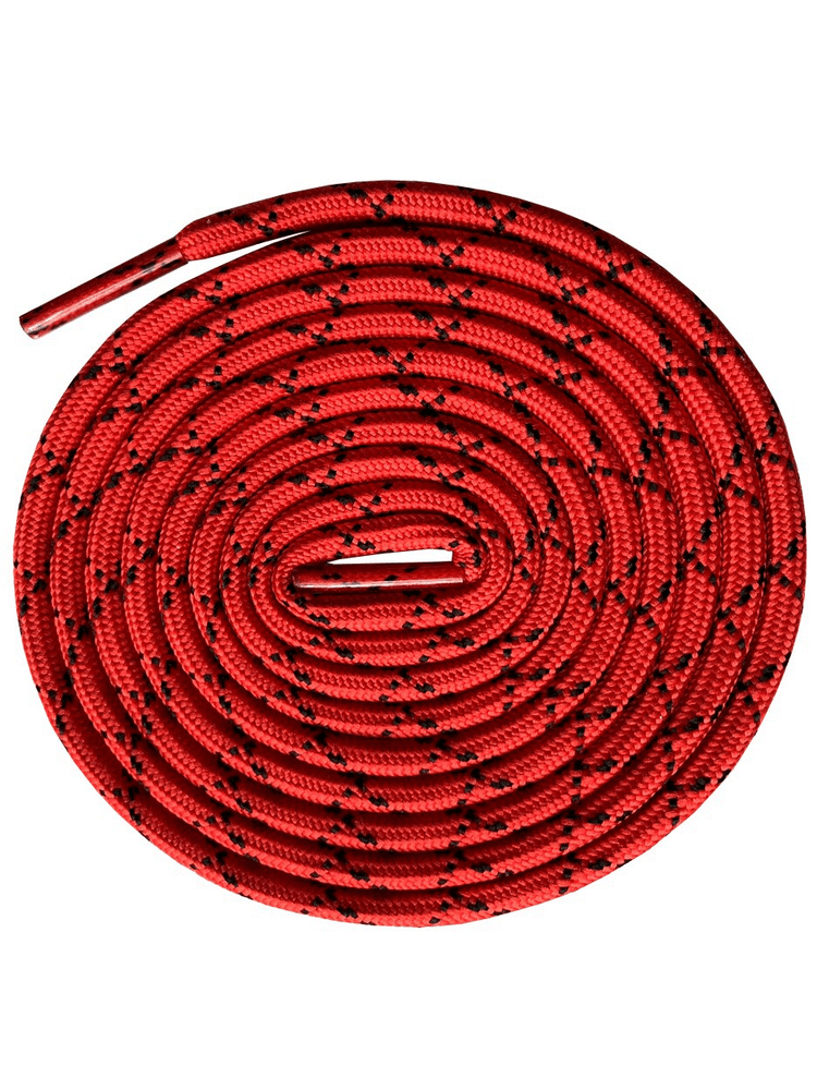 Red round strong polyester trekking shoelaces with geometric pattern, ideal for hiking shoes. Available in 120 cm and 140 cm lengths. Unisex.