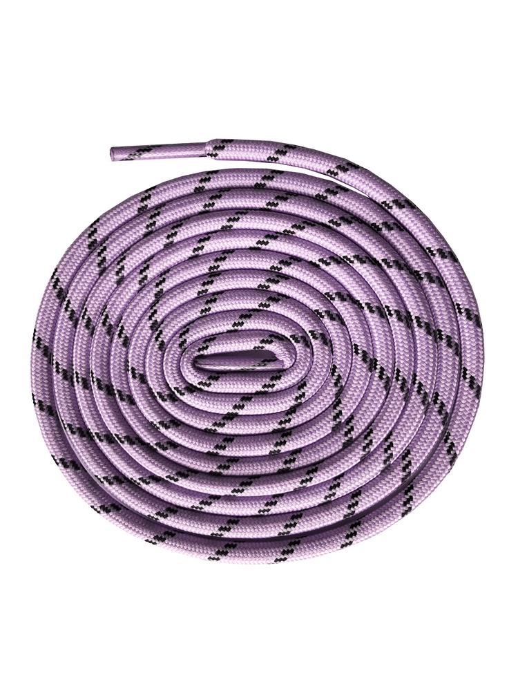 Round strong purple trekking shoe laces with geometric pattern, unisex polyester, 120 cm length, ideal for durability and elasticity.