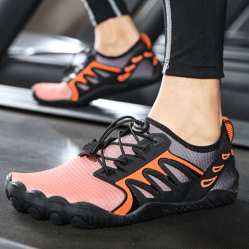 Unisex rubber toe protection water sneakers with adjustable laces, featuring a stretch fabric upper and rubber outsole, perfect for swimming.