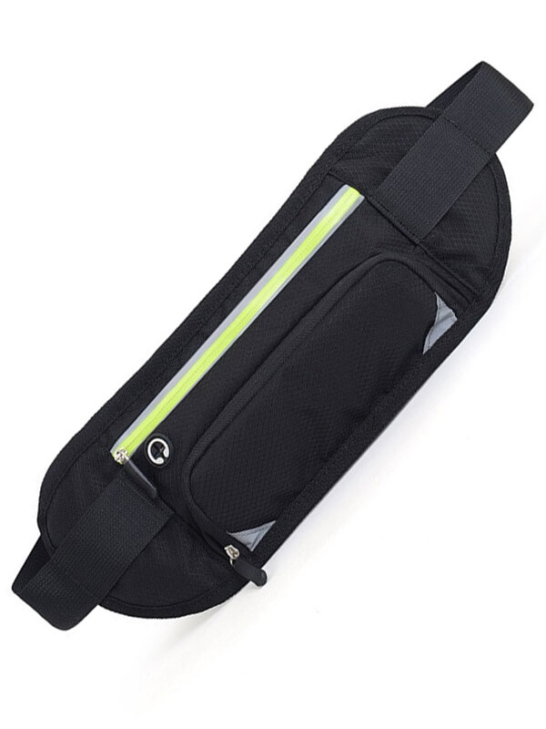 Black running belt bag with water bottle holder, perfect for workouts. Unisex design, durable nylon material.