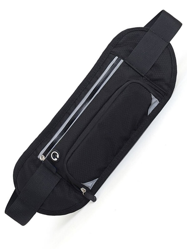 Black running belt bag with water bottle holder, ideal for men and women. Durable nylon design, perfect for workouts and outdoor activities.