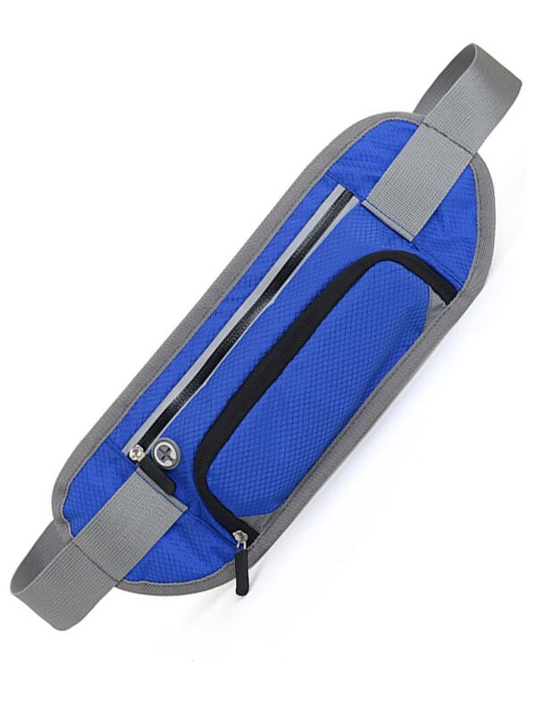 Blue running belt bag with water bottle holder, ideal for workouts. Made of durable nylon, fits comfortably around waist. Unisex design.