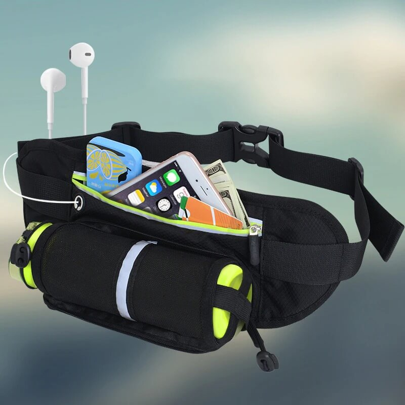 Black running belt bag with earphones, holding a smartphone, cash, and essentials, featuring a water bottle holder for men and women.