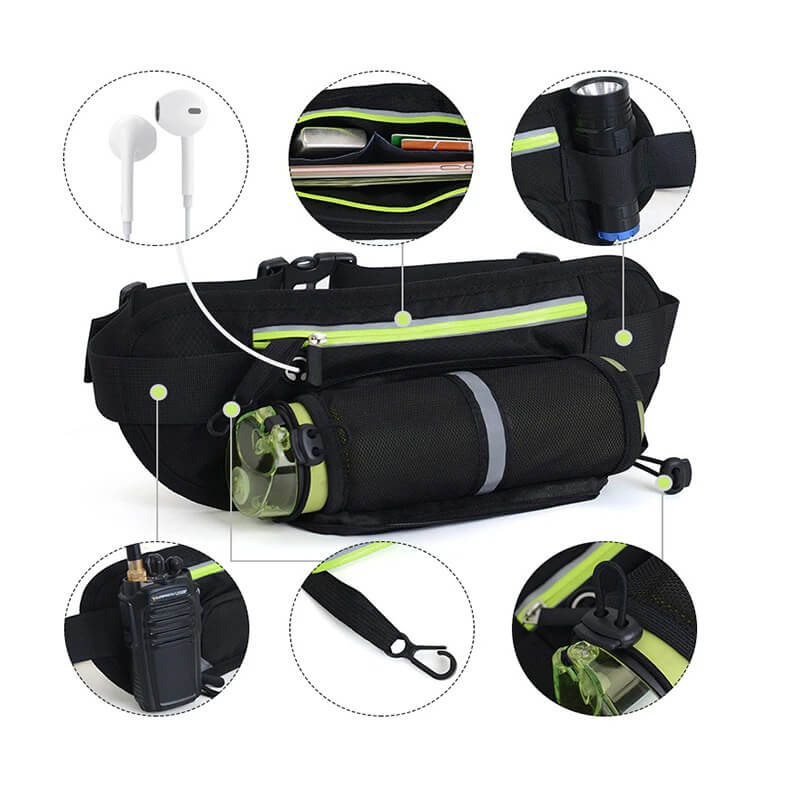 Close-up of a black running belt bag with water bottle holder, showcasing compartments, earphones, and a carabiner clip for workouts.