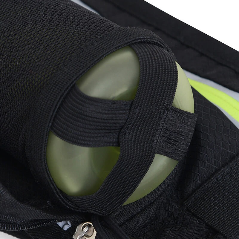 Close-up of black running belt bag with water bottle holder, showcasing durable nylon material and convenient design.
