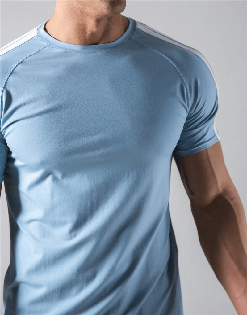 Men's blue cotton running t-shirt with striped sleeves, O-neck, and short sleeves. Stylish comfort for active wear.