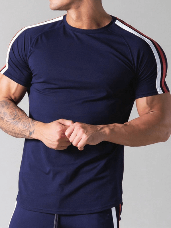 Men's navy running cotton t-shirt with striped sleeves, O-neck, perfect blend of style and comfort, short sleeves, solid pattern.