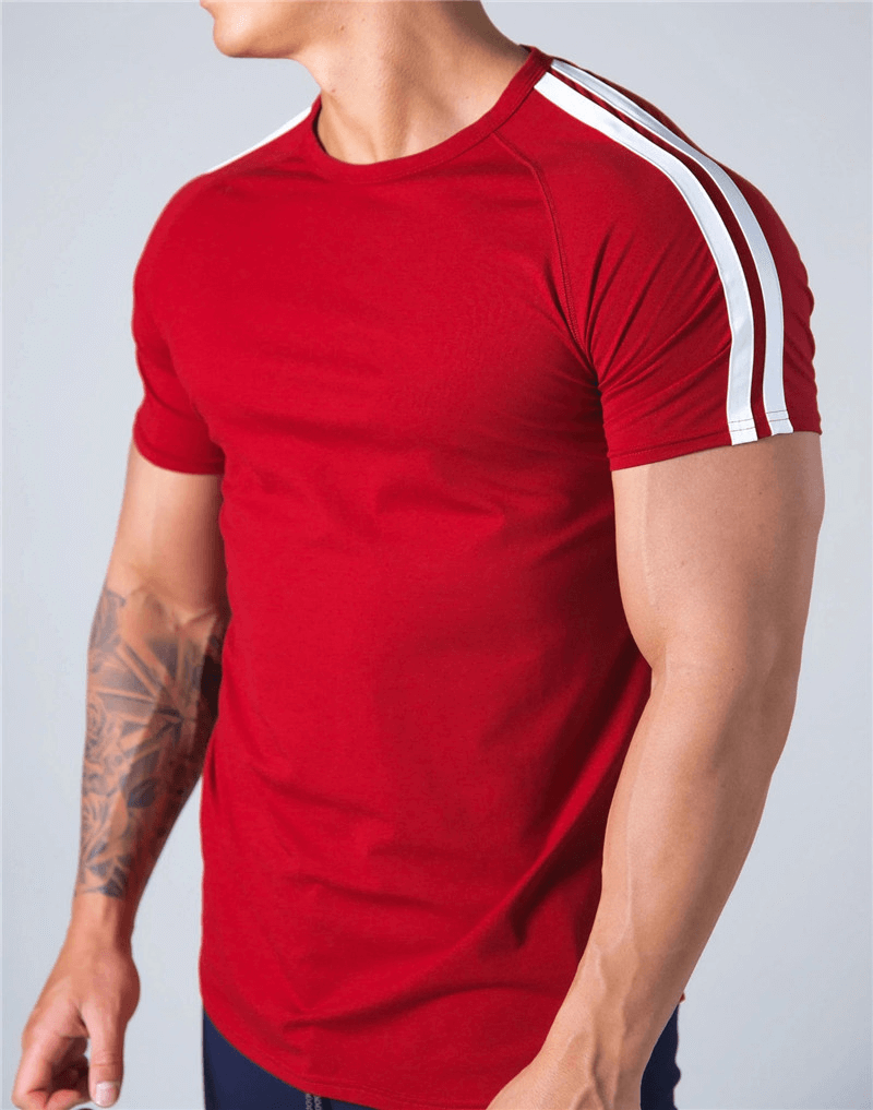 Red running cotton t-shirt with white striped sleeves for men, O-neck design, stylish and comfortable for active wear.