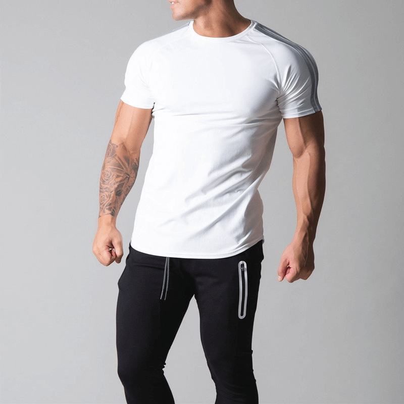 Men's white cotton T-shirt with striped sleeves, short sleeves, and O-neck collar for stylish comfort.
