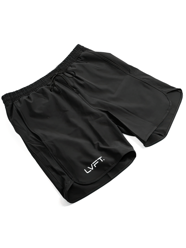 Black running quick-drying men's training shorts SF0825, made of lightweight nylon for breathability and sweat-wicking comfort.