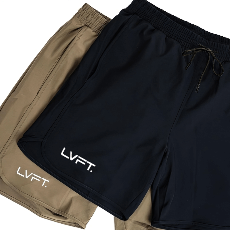 Running Quick-Drying Sports Men's Training Shorts in black and beige, featuring breathable nylon material for enhanced performance.