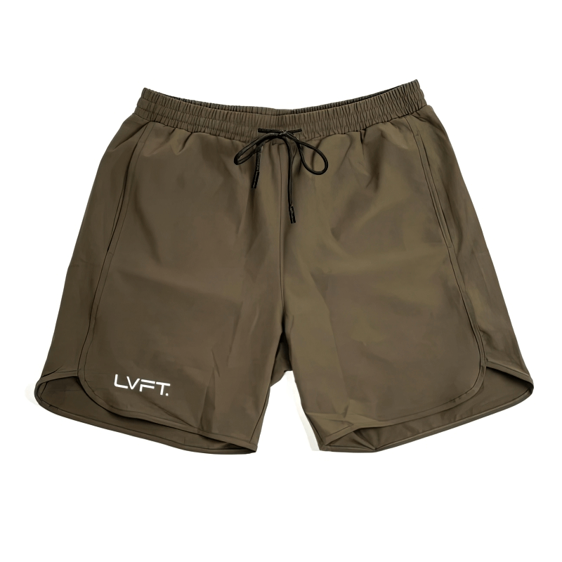 Men's quick-drying sports training shorts in khaki, made with lightweight nylon for improved breathability and sweat-wicking.