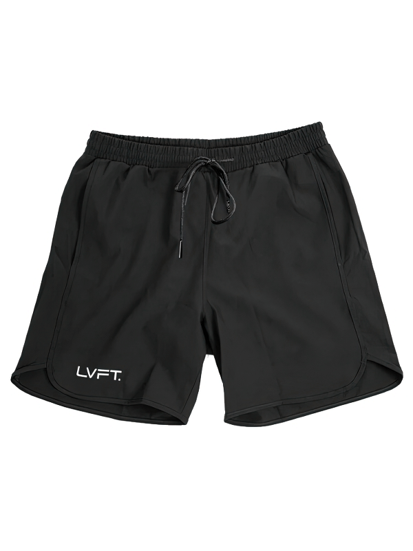 Black quick-drying men's training shorts with drawstring, featuring breathable Nylon for enhanced comfort and sweat-wicking during workouts.