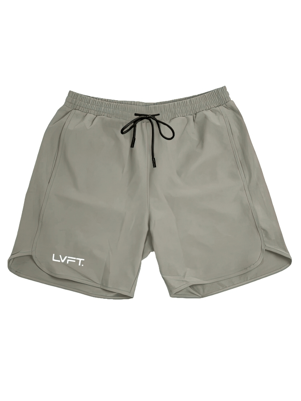 Gray quick-drying men's nylon sports shorts with drawstring, perfect for running and training, featuring breathable material.