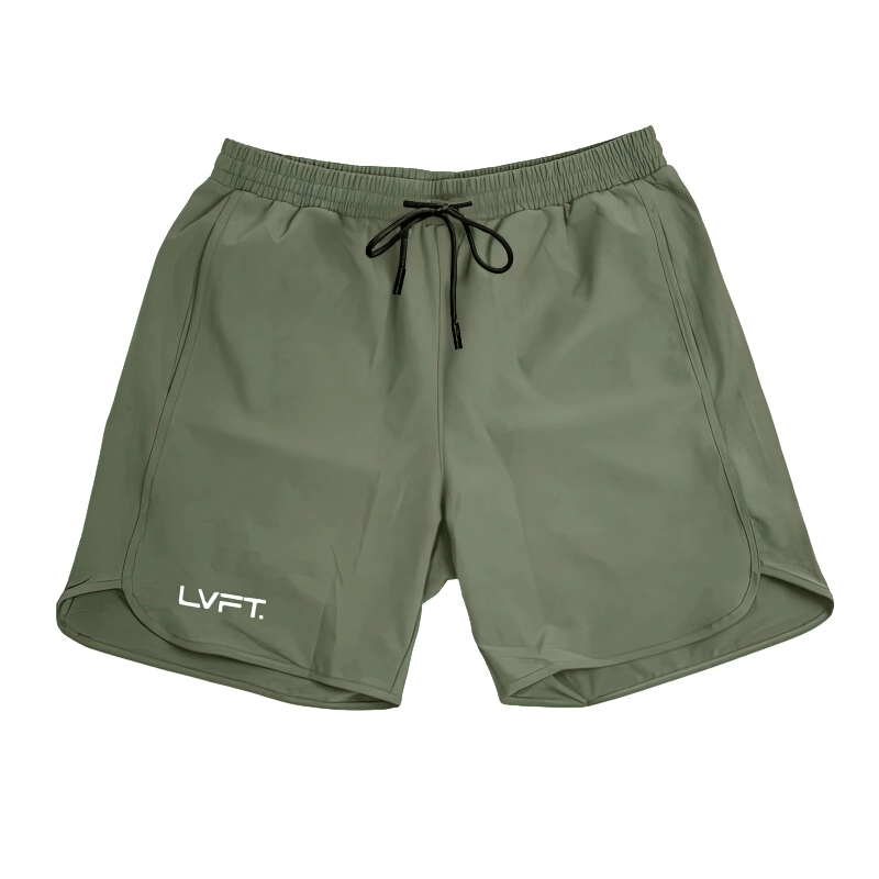 Olive green quick-drying men's running shorts with LVFT logo, made of lightweight nylon with drawstring closure.