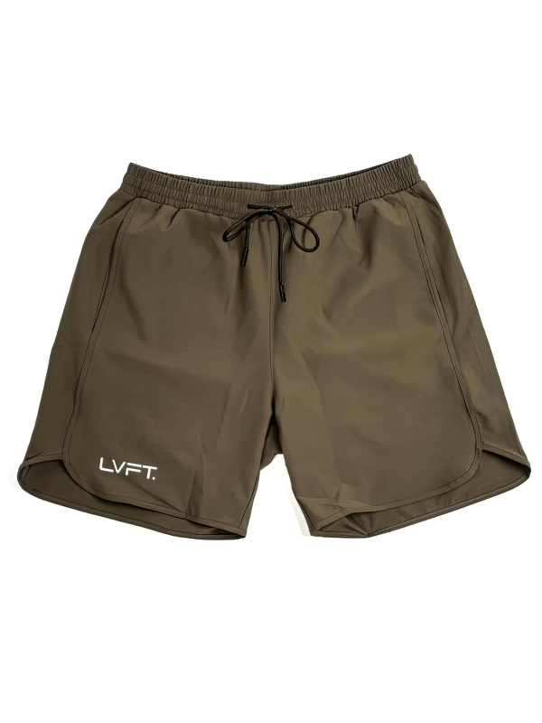Khaki quick-drying men's training shorts with drawstring and LVFT logo, ideal for running, made of breathable nylon for superior comfort.