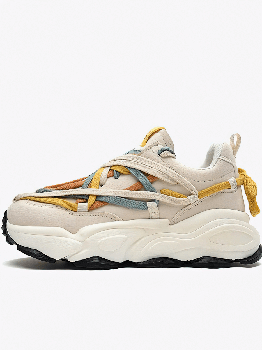 Running thick bottom leather sneakers with colorful laces, design SF0375, featuring waterproof leather and shock-absorbing EVA sole.