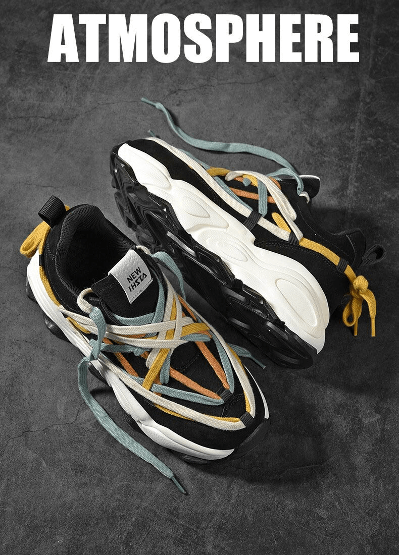 Running thick bottom leather sneakers with multi-colored laces and EVA outsole for stability and style.
