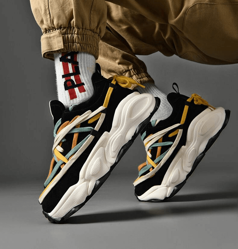 Stylish thick bottom leather sneakers with multicolor laces and EVA outsole, perfect for stability and comfort.