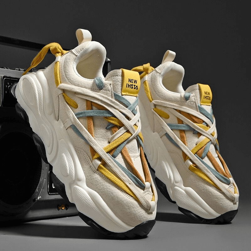 Running thick bottom leather sneakers with colorful laces and premium EVA, waterproof, unisex design for stability and performance.