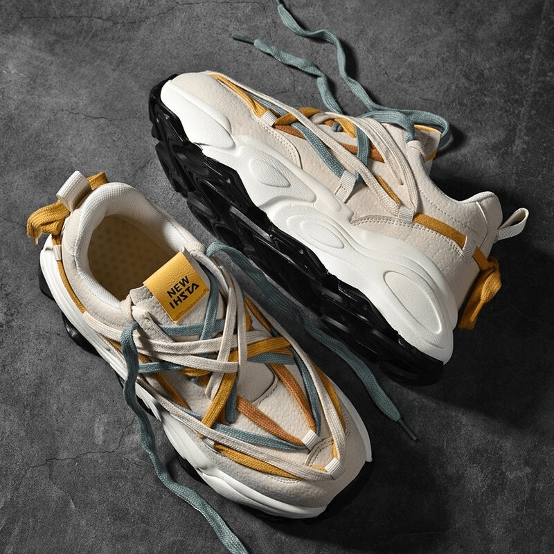 Running thick bottom leather sneakers with multicolored laces on a textured background, featuring chunky EVA outsole for stability.