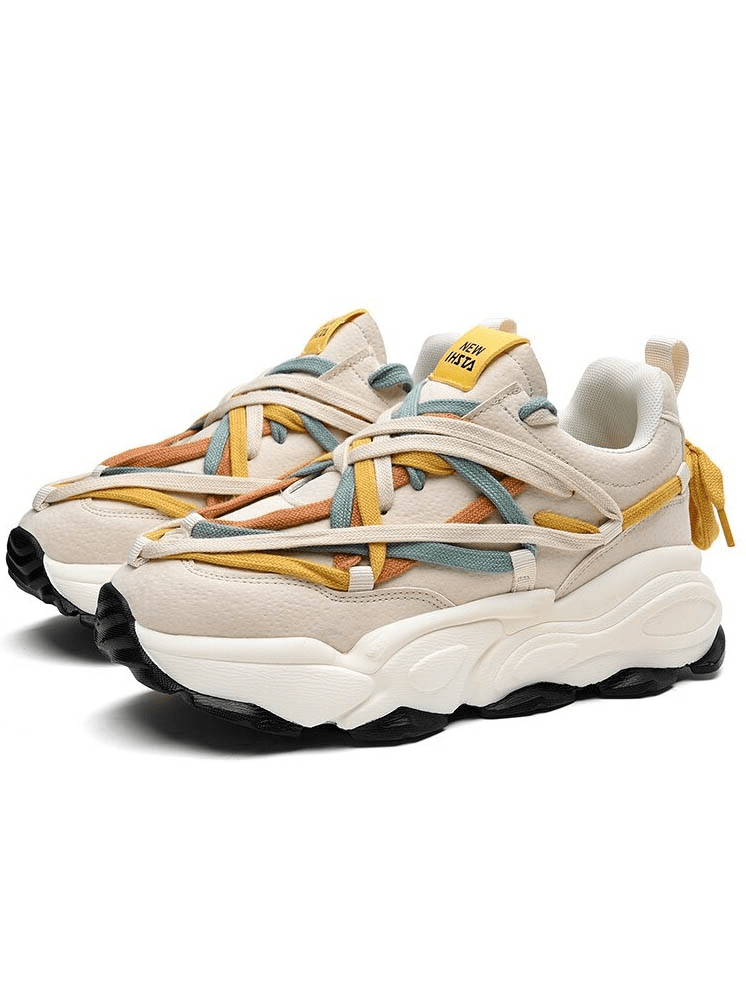 Stylish running sneakers with thick soles, featuring colorful laces, premium leather uppers, and EVA cushioning for comfort and performance.