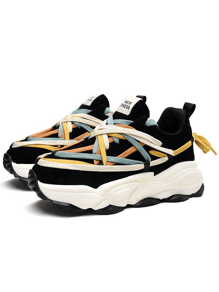 Running thick bottom leather sneakers with colorful laces. Unisex design, premium leather, EVA outsole, perfect for active lifestyle.