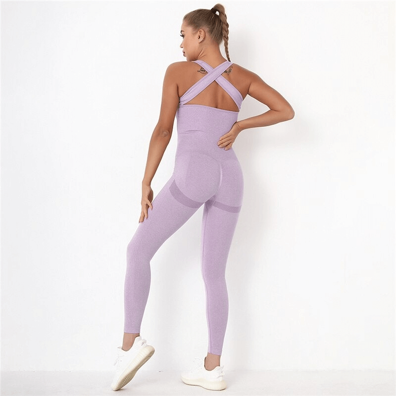Seamless high-waist bodysuit in lavender with hips push-up, perfect for women's gym clothing and fitness comfort.
