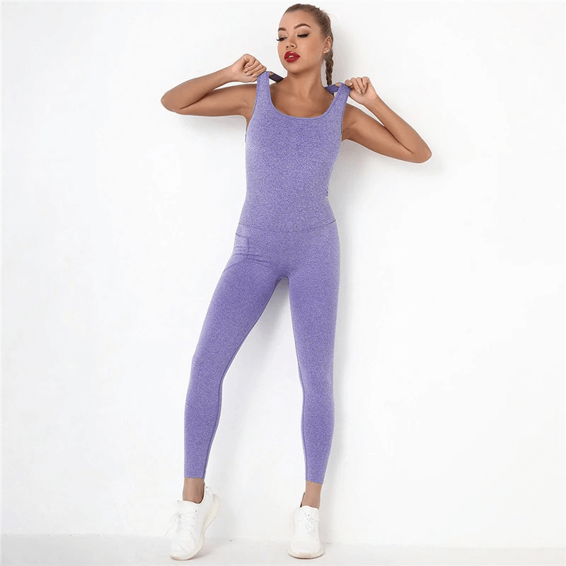 Seamless high-waist purple bodysuit for women with push-up effect, ideal gym clothing showcasing comfort and style.